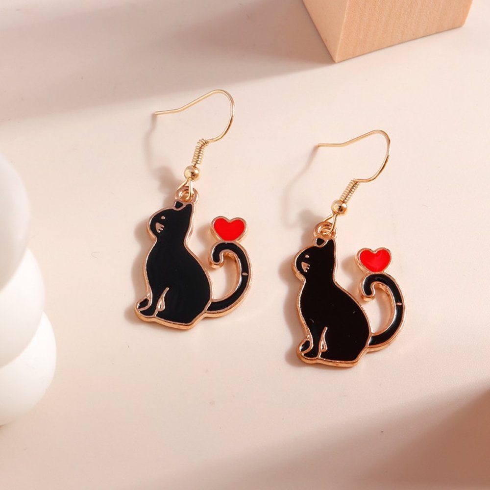 Cute Black Cat with heart Dangle Earrings
